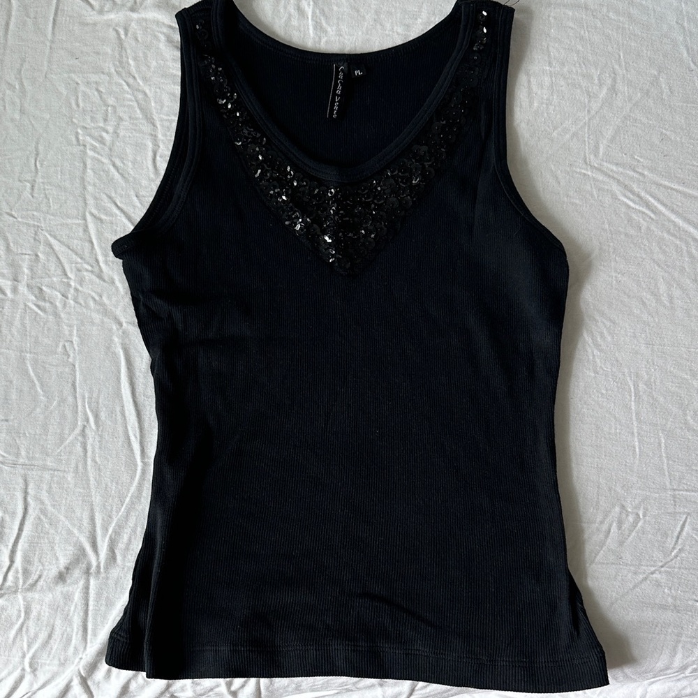 Vintage 100% Cotton Black Sequin Trim Tank Top